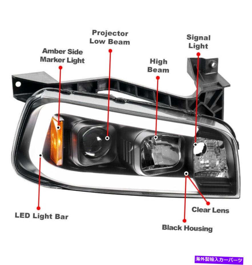 USヘッドライト 06-10 Dodge Charger LEDチューブプロジェクターブラックヘッドライト+ DRL信号LHセット For 06-10 Dodge Charge