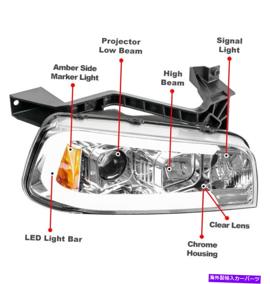 USヘッドライト 06-10ダッジ充電器LEDチューブプロジェクタークロムヘッドライト+ブルーDRL信号セット For 06-10 Dodge Charger